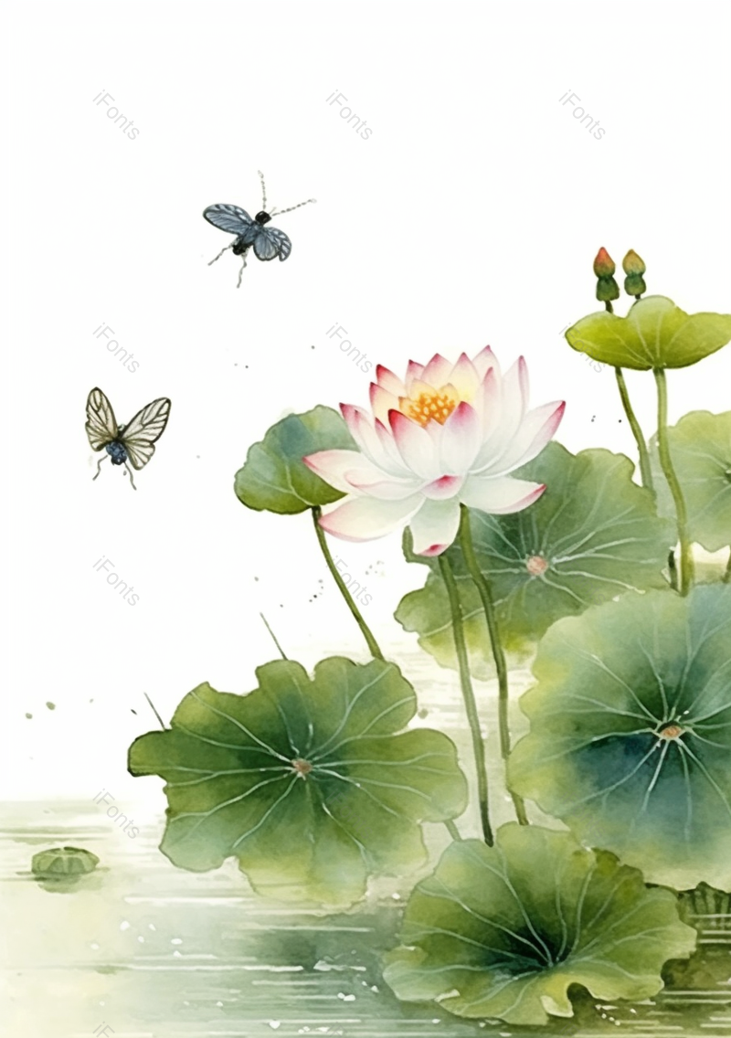 绿色复古插画荷叶荷花胡蝶背景,插画/手绘图,插画/手绘图库,插画/手绘图下载,插画/手绘